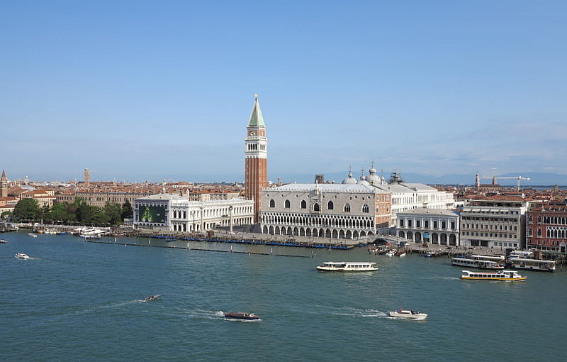 Central Venice from Cruise ship, Venice, Doges Palace, St Georges Basin, Campanile, HD wallpaper