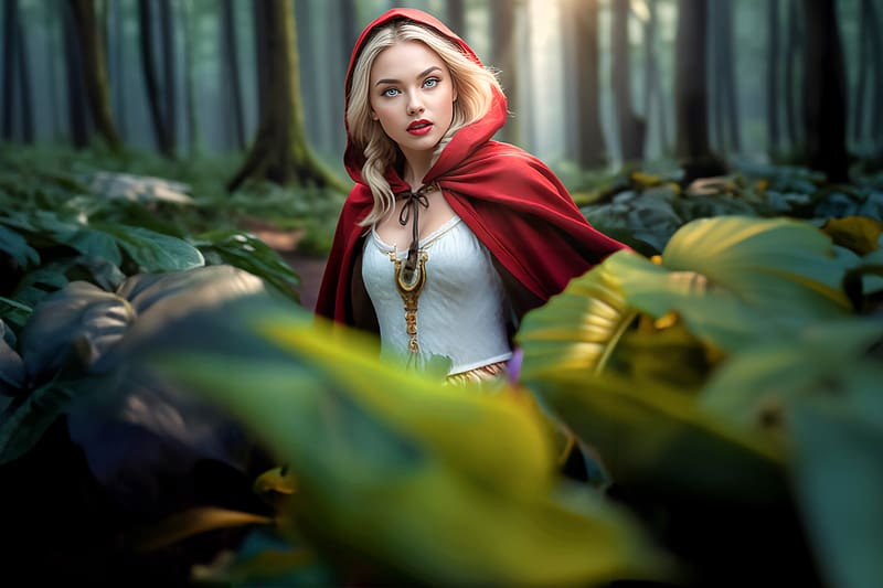 Red Riding Hood, blonde, cape, model, digital, fantasy, cg, HD wallpaper