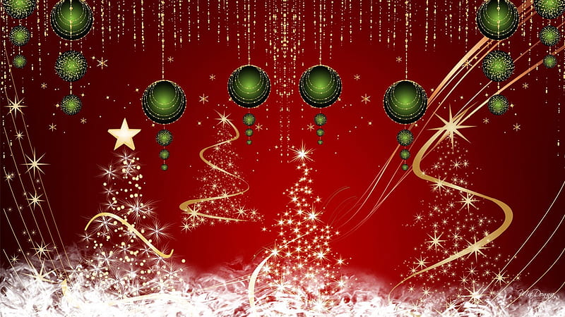 Vintage Christmas Deluxe, red, stars, green balls, feliz navidad, christmas, ribbon, trees, xmas, sparkle, gold, snow, streamers, decorations, HD wallpaper