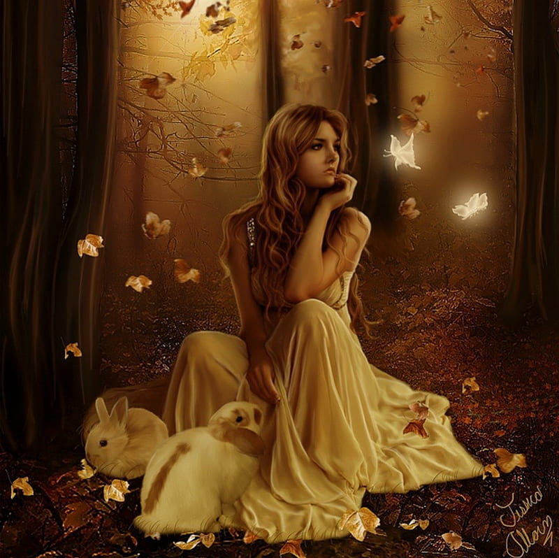 A Better Place, forest, fantasy, lady, brown, HD wallpaper