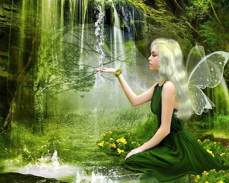 ~Green Fairy of Spring~, faries, bonito, digital art, woman, fantasy, green, manipulation, girls, wings, models, lovely, colors, love four seasons, creative pre-made, spring, waterfalls, weird things people wear, HD wallpaper
