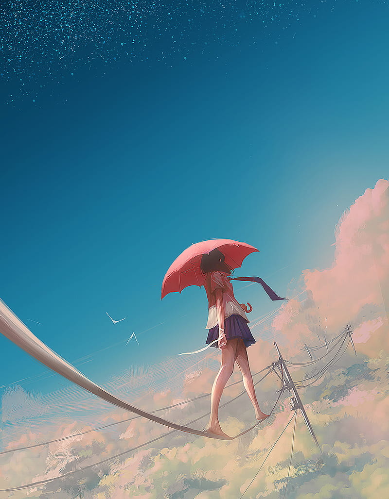 720p Free Download Anime Anime Girls Sky Clouds Umbrella Original Characters School