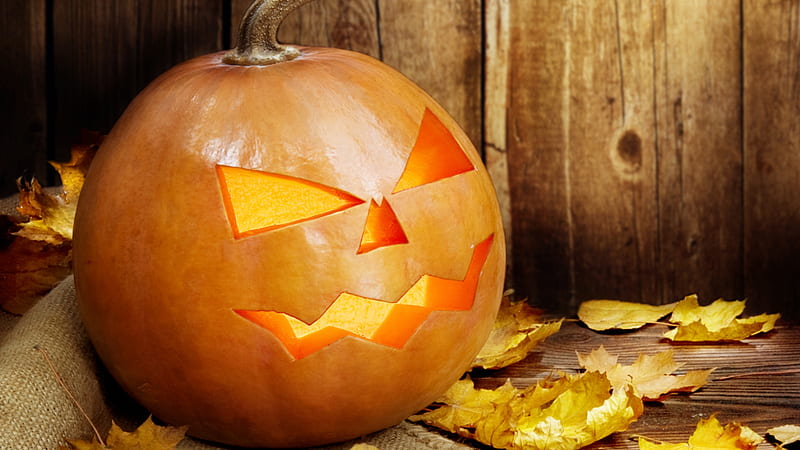 Halloween Pumpkin, fall, autumn, jack-o-lantern, leaves, October, pumpkin, boards, Halloween, wood, HD wallpaper