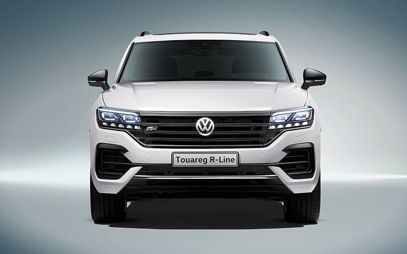 Volkswagen Touareg, 2018, R-Line, exterior, front view, headlights, new white Touareg, German cars, Volkswagen, HD wallpaper