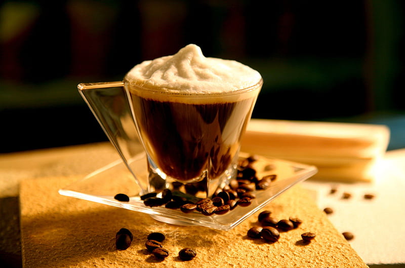 A cup of CAPPUCCINO, coffee, saucer, CAPPUCCINO, beans, froth, cup, HD wallpaper