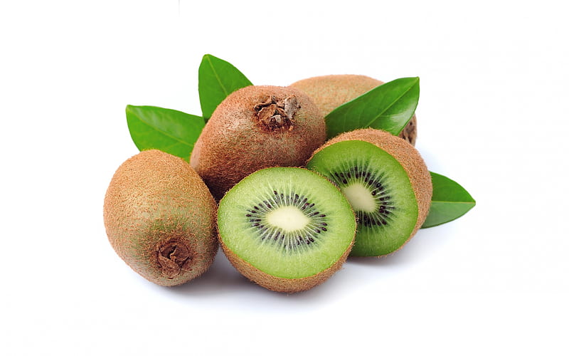 kiwi on a white background, fruits, healthy food, kiwi, green leaves, HD wallpaper