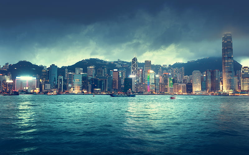 Hong Kong, China, Chinese metropolis, skyscrapers, bay, evening, sunset, business centers, HD wallpaper