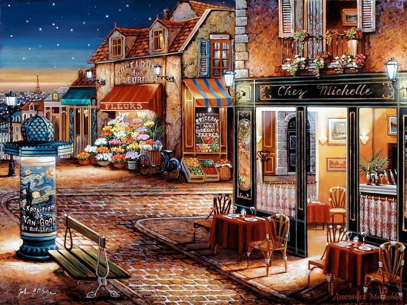 Chez Michelle, city, houses, night, restaurant, painting, paris, HD wallpaper