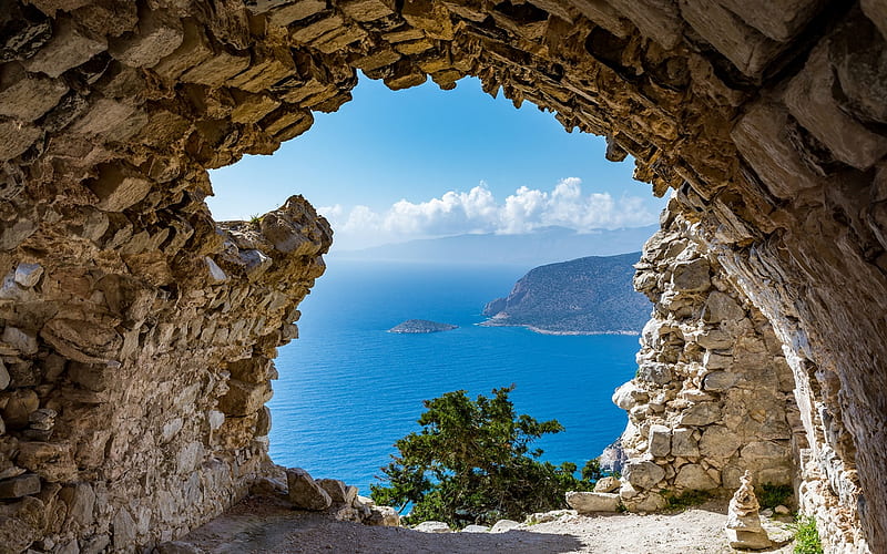 mountain cave, luxury seascape, Mediterranean Sea, summer, mountains, Greece, HD wallpaper