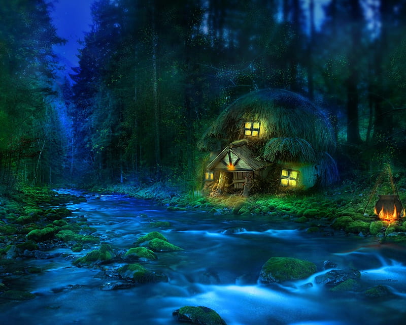 FANTASY WOODS, river, fantasy, house, woods, HD wallpaper
