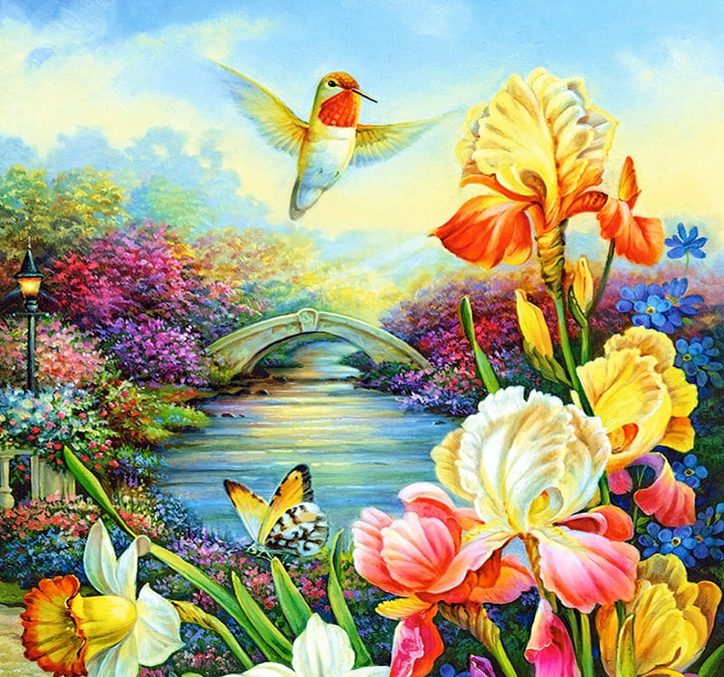 Golden Irises, butterfly, bridge, painting, flowers, colors, river, hummingbird, artwork, HD wallpaper