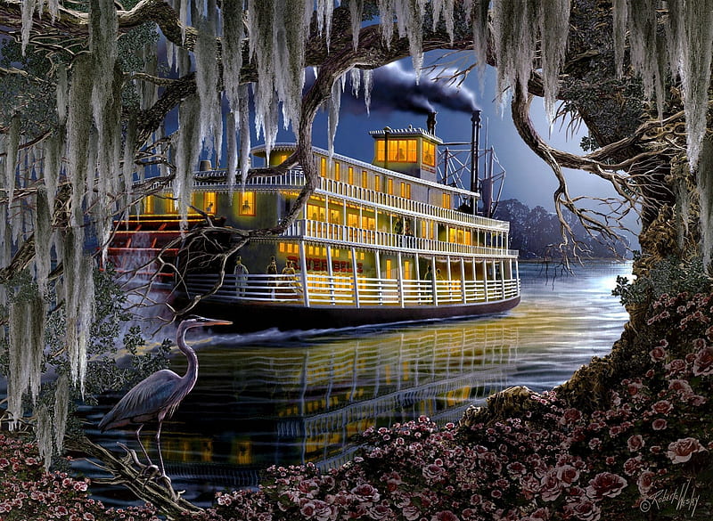 Mississippi Steamer, tree, water, bird, ship, river, steam, HD wallpaper