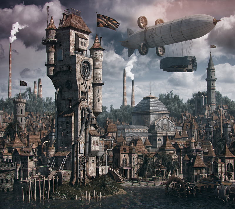 Premium AI Image | ghostpunk landscape city mystic poster alien steampunk  wallpaper fantastic movie