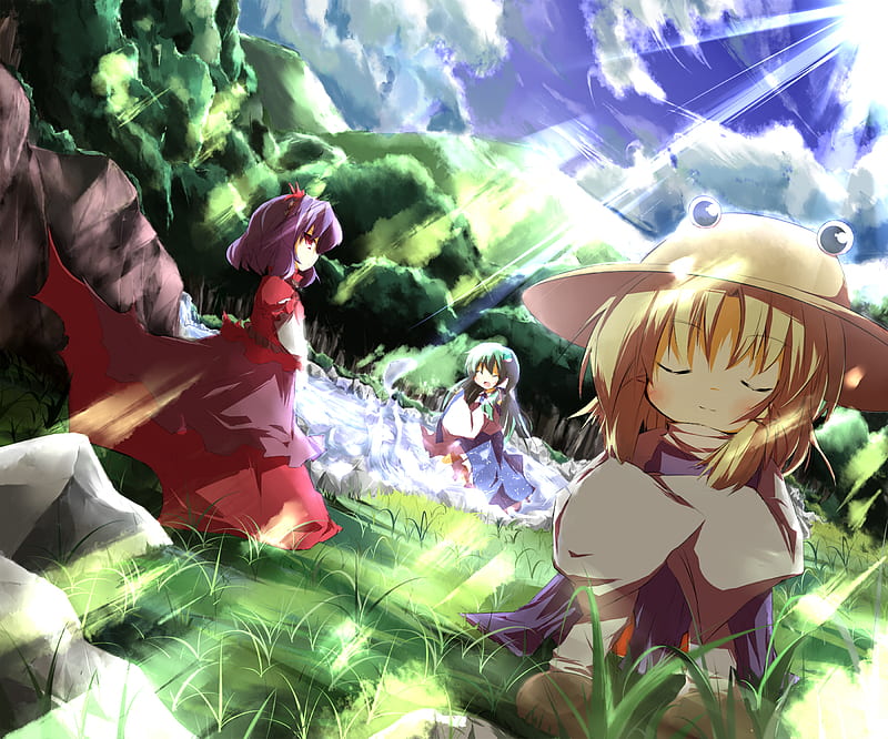 Moriya Shrine Team, forest, yasaka kanako, sun, moriya suwako, kochiya sanae, sky, kanako, hat, water, suwako, sanae, touhou, HD wallpaper