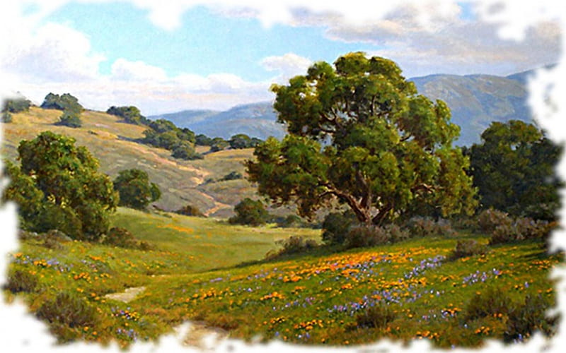 Foothills 1, art, foothills, artwork, tree, California, painting, wide screen, oak, scenery, landscape, HD wallpaper