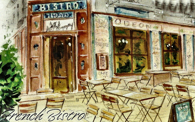 French Bistro 1, art, cafe, cityscape, France, bistro, artwork, French, painting, wide screen, scenery, HD wallpaper