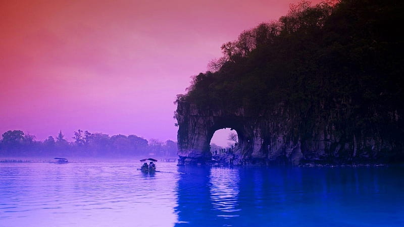arched cliff on a river in china at dusk, boat, purple, arch, dusk, river, cliff, HD wallpaper