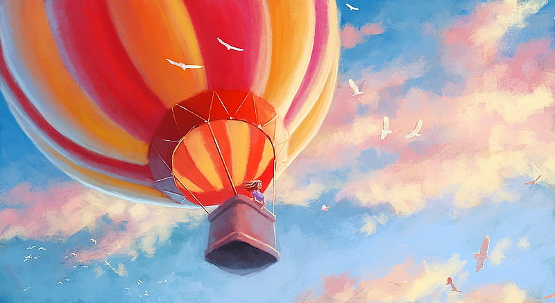 Fantasy Cloud Hot Air Balloon Girl Yellow Sky Blue Red Art
