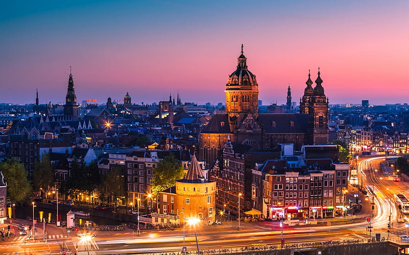 Amsterdam Night, Netherlands, Holland, Colors, Lights, Amsterdam, Sunset, City, Night, HD wallpaper