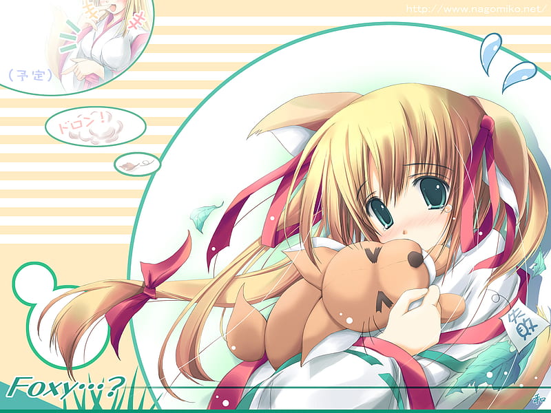 Foxy ?, miko, animal ears, ribbon, kawai, animal, cute, nagomi, girl, japanese clothes, anime, foxgirl, HD wallpaper