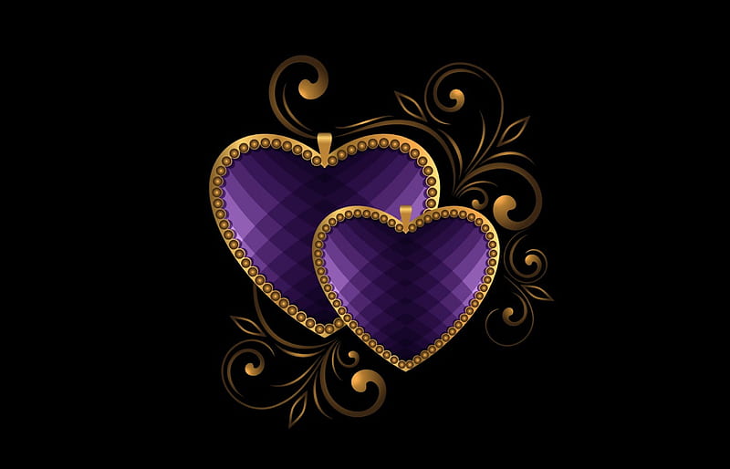 Luxury Hearts, metal, gold, purple, love, corazones, luxury, HD wallpaper