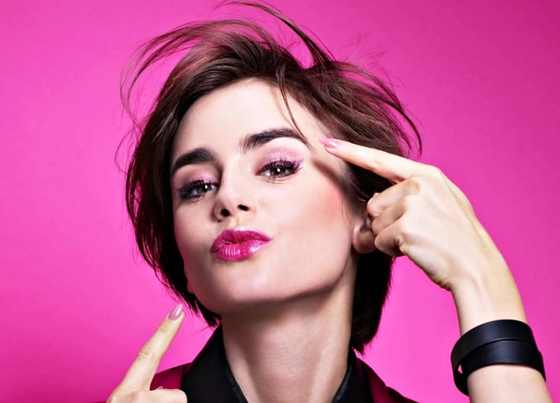 Lily Collins, woman, kiss, mood, girl, actress, hand, face, pink, HD ...
