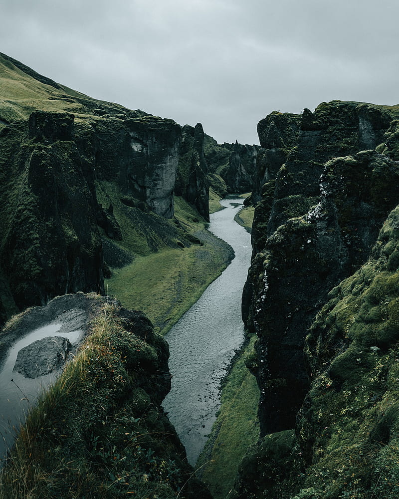 river, rocks, cliff, grass, winding, HD phone wallpaper