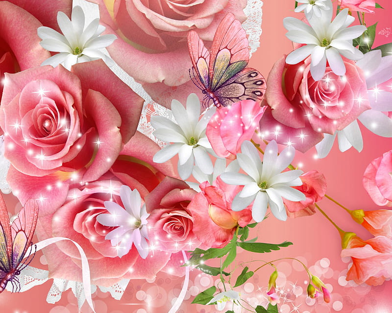 Flores, abstracto, mariposas, rosa, brilla, blanco, Fondo de pantalla HD |  Peakpx