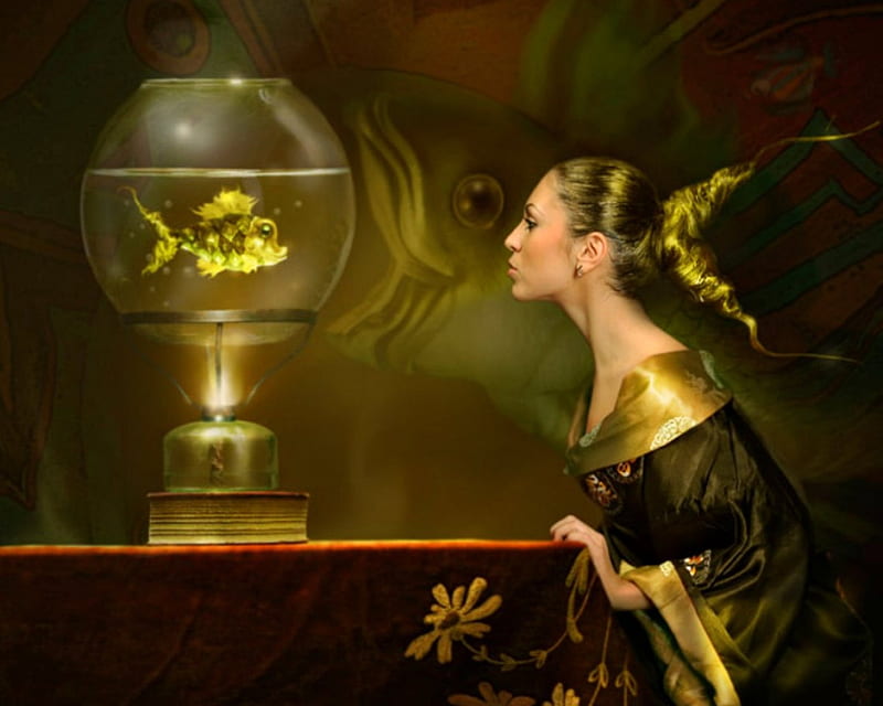 Fish bowl, table, artistic, fish, woman, HD wallpaper