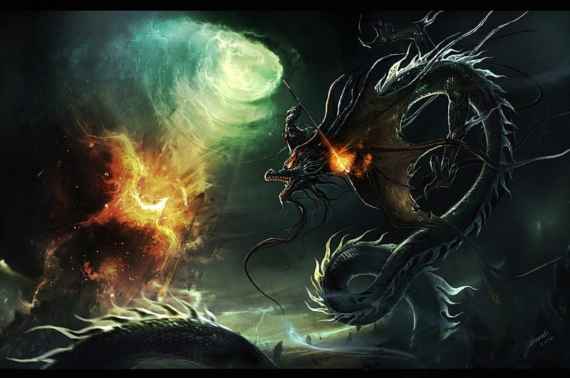Wizard's War, fire, fantasy, flames, phoenix, mystical creatures, clouds, dragon, wizard, HD wallpaper