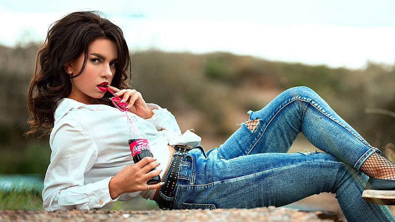 Enjoying a Coke Classic, brunette, coca cola, jeans, model, HD wallpaper