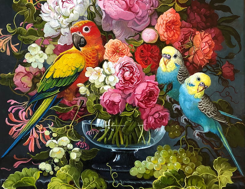 Flowers and parrots, pink, blue, art, luminos, rose, yellow, parrot, green, yana movchan, bird, flower, painting, pasari, HD wallpaper