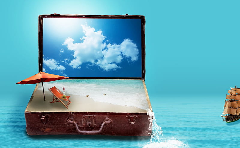 Artistic, Digital Art, beach, Ocean, Ship, Sky, Suitcase, Vacation, HD wallpaper