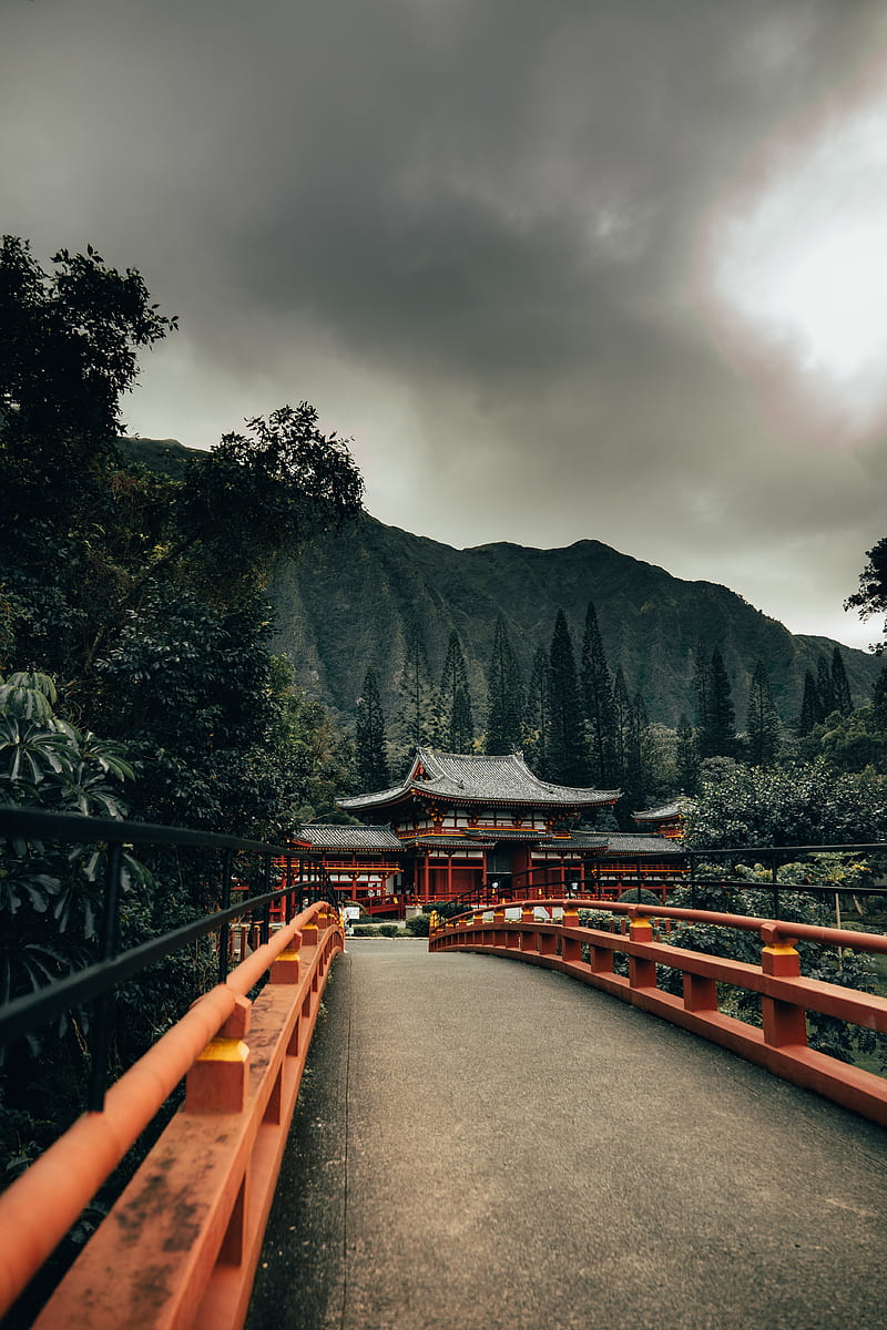 bridge, pagoda, temple, architecture, trees, mountains, HD phone wallpaper