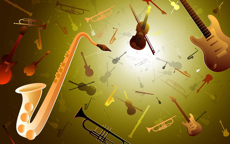 MusicaL Instruments, art, violin, guitar, saxophone, HD wallpaper