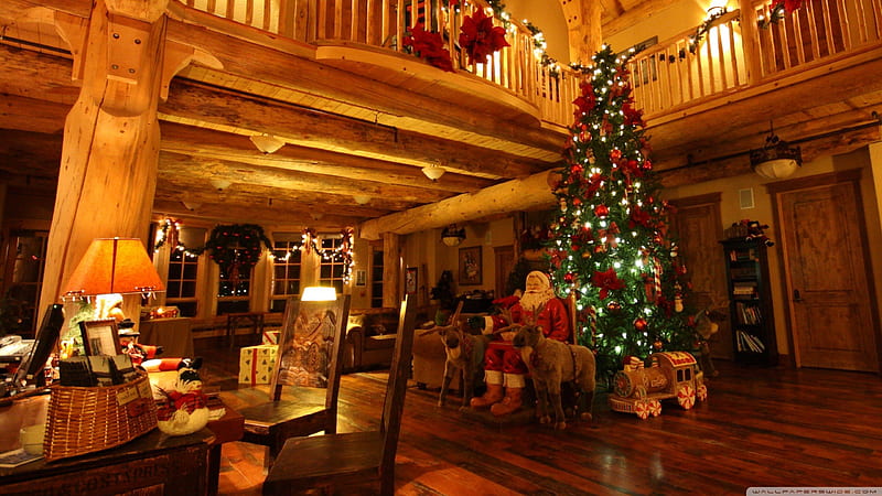 Christmas Lodge, Christmas night, Christmas tree, Christmas cabin, Christmas home, HD wallpaper
