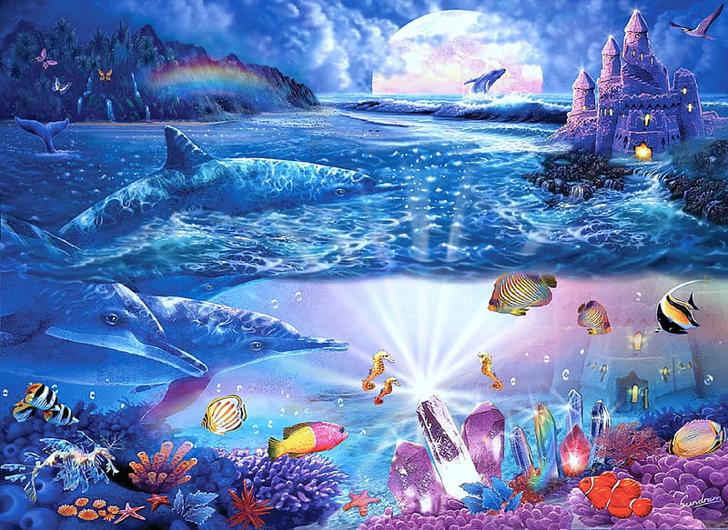 ★Castle of Dolphins★, corals, colorful, oceans, seas, digital art, dancing, paintings, dolphins, castle of dolphins, drawings, animals, underwater, fishes, colors, love four seasons, creative pre-made, butterflies, swim, moonlight, castle, HD wallpaper