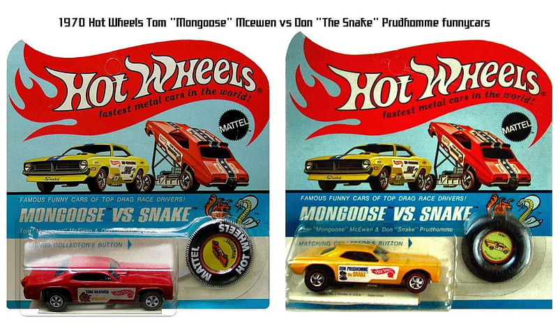 1970 Hot Wheels Mongoose Vs Snake Funnycars, diecast, plymouth, models, dragster, duster, mcewen, racing, rare, hot wheels, prudhomme, auto, funnycar, mongoose, snake, barracuda, vintage, HD wallpaper