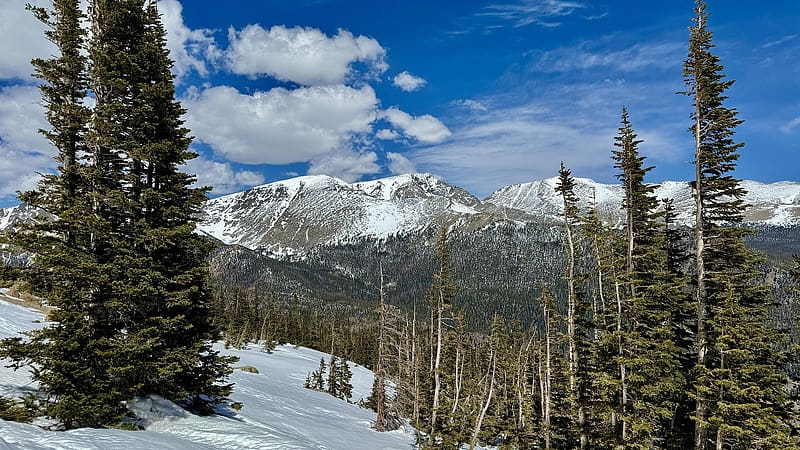 Rocky Mountain NP, Colorado, trees, sky, rocks, usa, clouds, snow, HD wallpaper