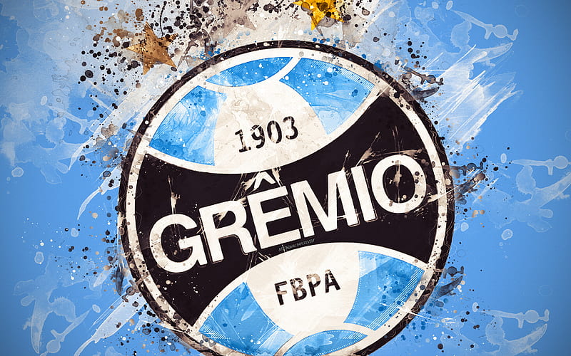 Gremio FC paint art, logo, creative, Brazilian football team, Brazilian Serie A, emblem, blue background, grunge style, Porto Alegre, Brazil, football, HD wallpaper