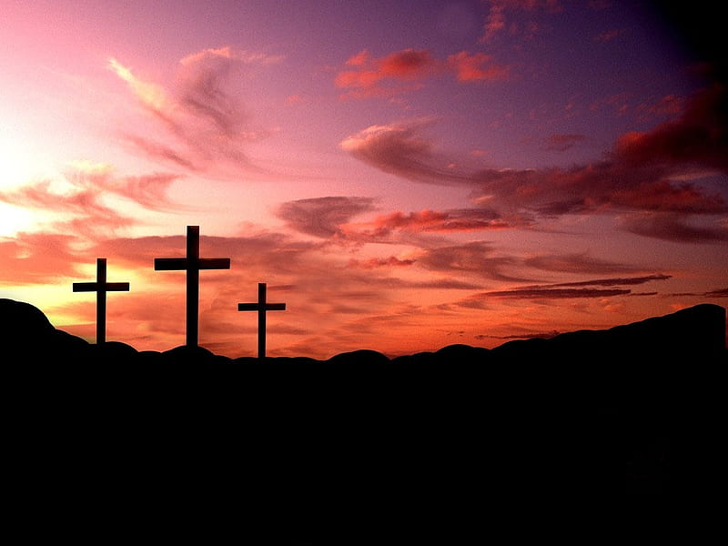 Crosses at sunset, jesus, sunset, silhouette, sky, crist, HD wallpaper