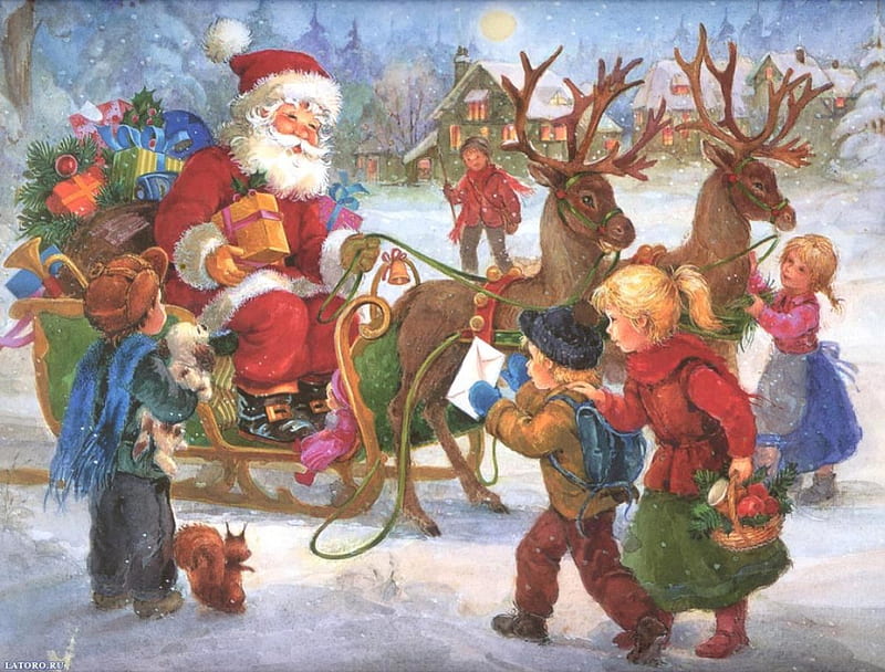 santa delivers gifts, delivers, santa, christmas, gifts, HD wallpaper