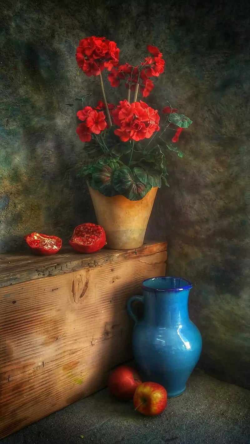 graph, red, flowers, vase, wood, wall, pomegranate, apple, HD phone wallpaper