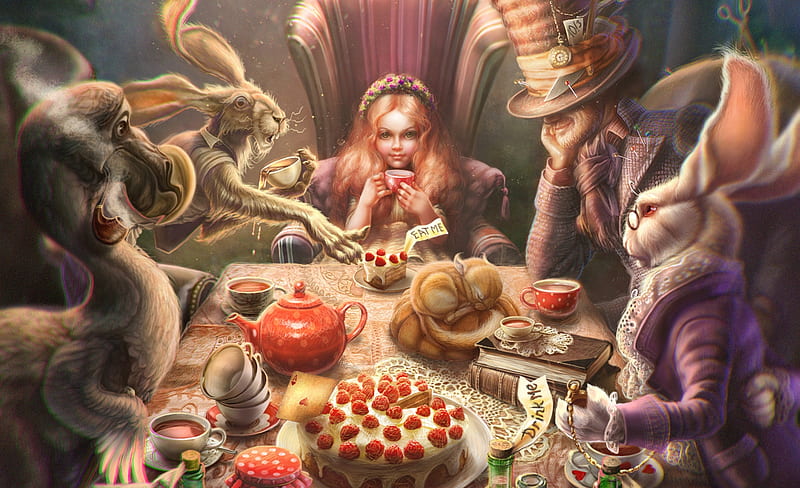 The Tea Party, wonderland, white rabbit, mad hatter, cake, iana venge, rabbit, luminos, alice, teaparty, fantasy, girl, cup, HD wallpaper