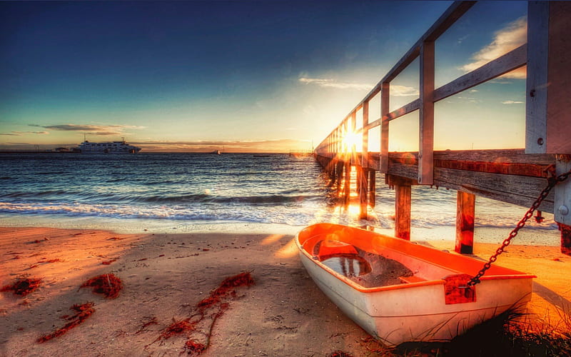 little row boat tied to sea pier at sunrise r, beach, boat, ship, pier, r, sunrise, sea, HD wallpaper