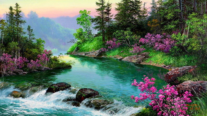 River in Springtime, rocks, aqua, flowers, river, spring, nature, trees, HD wallpaper