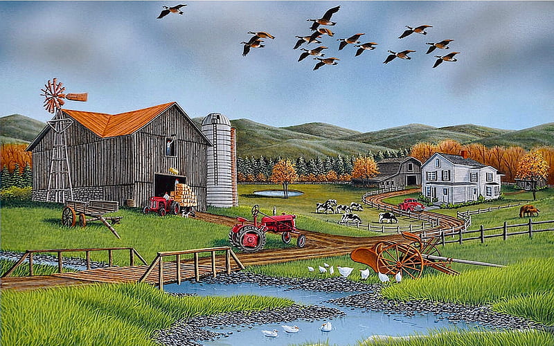 Autumn Around The Corner, Geese, stream, autumn, scenic, tractor, Farm, cows, barn, rural, HD wallpaper