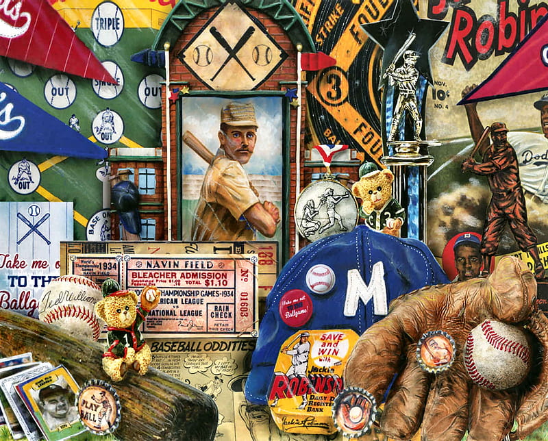 Vintage Baseball , art, teddybears, bonito, illustration, artwork, glove, pennants, painting, wide screen, baseball, HD wallpaper