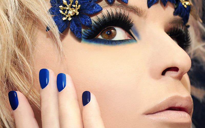 Beauty, model, manicure, woman, make-up, girl, hand, flower, face, fashion, blue, HD wallpaper