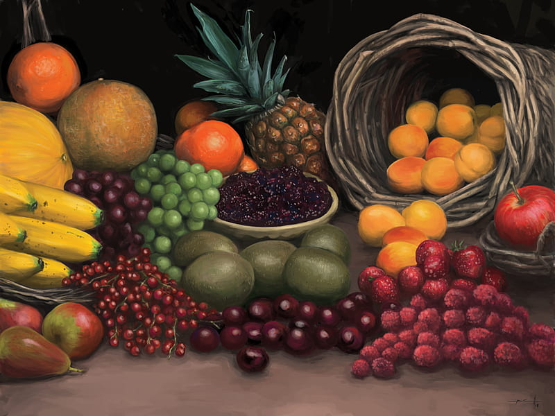 Fruit Galore, apple, pineapple, bananas, cherries, melons, black berries, oranges, grapes, basket, peaches, plums, bowl, HD wallpaper